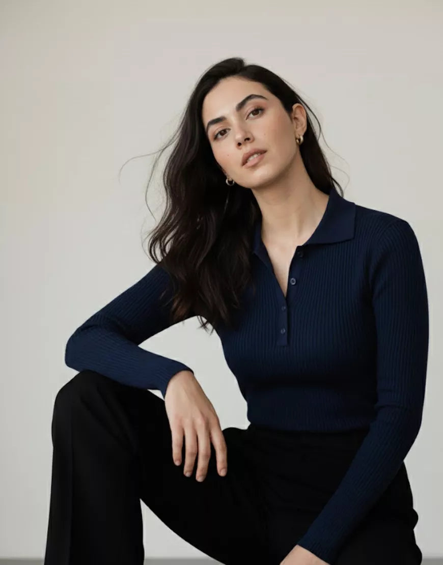 SGW Navy Blue V-Neck Knit Shirt Half Button - Full Sleeves