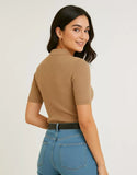 SGW Beige Front Full Button Rib Knit Tee - Half Sleeves