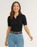 SGW Black Front Full Button Rib Knit Tee - Half Sleeves