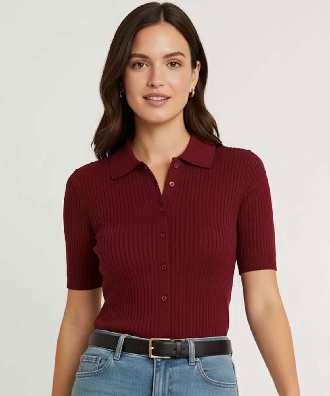 SGW Maroon Front Full Button Rib Knit Tee - Half Sleeves