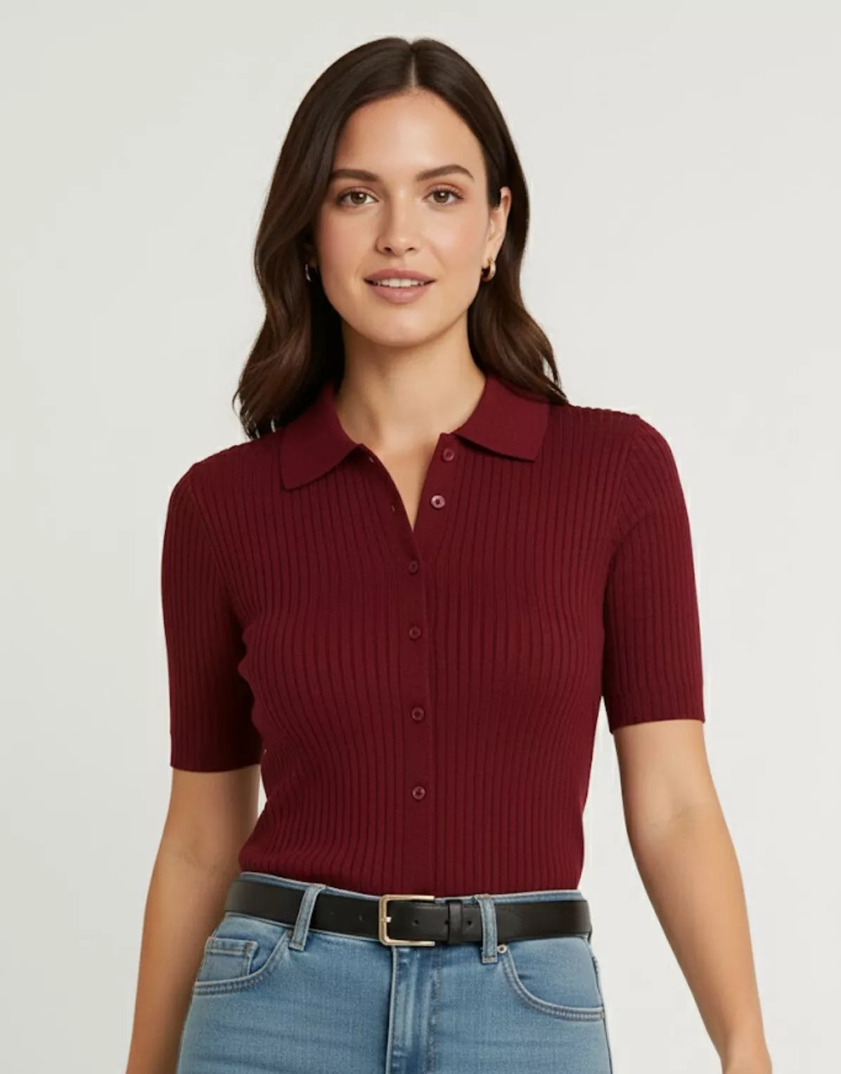 SGW Maroon Front Full Button Rib Knit Tee - Half Sleeves