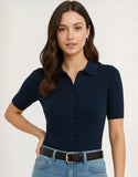 SGW Navy Blue Front Full Button Rib Knit Tee - Half Sleeves