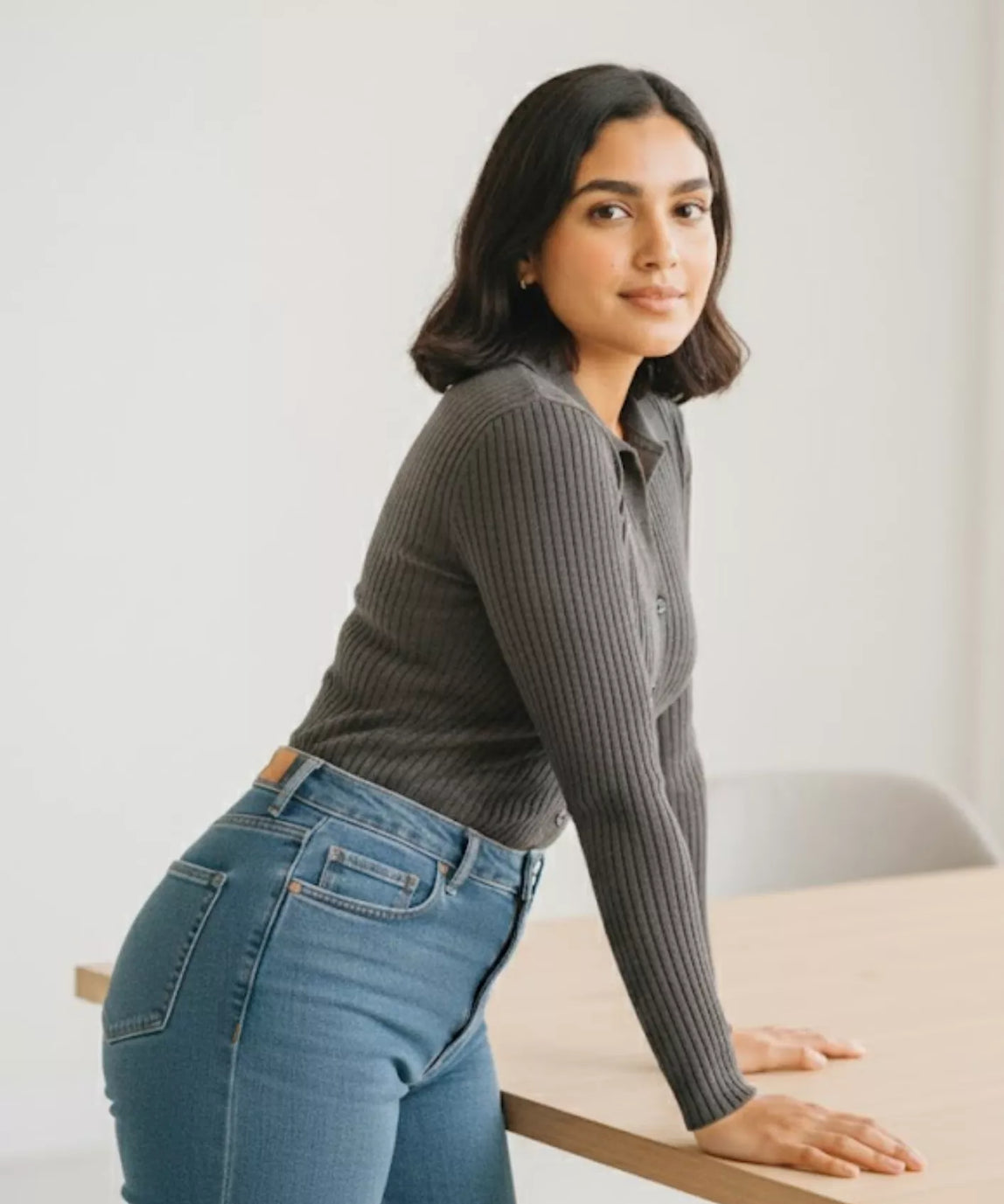 SGW Grey V Neck Knit Shirt Full Button - Full Sleeves