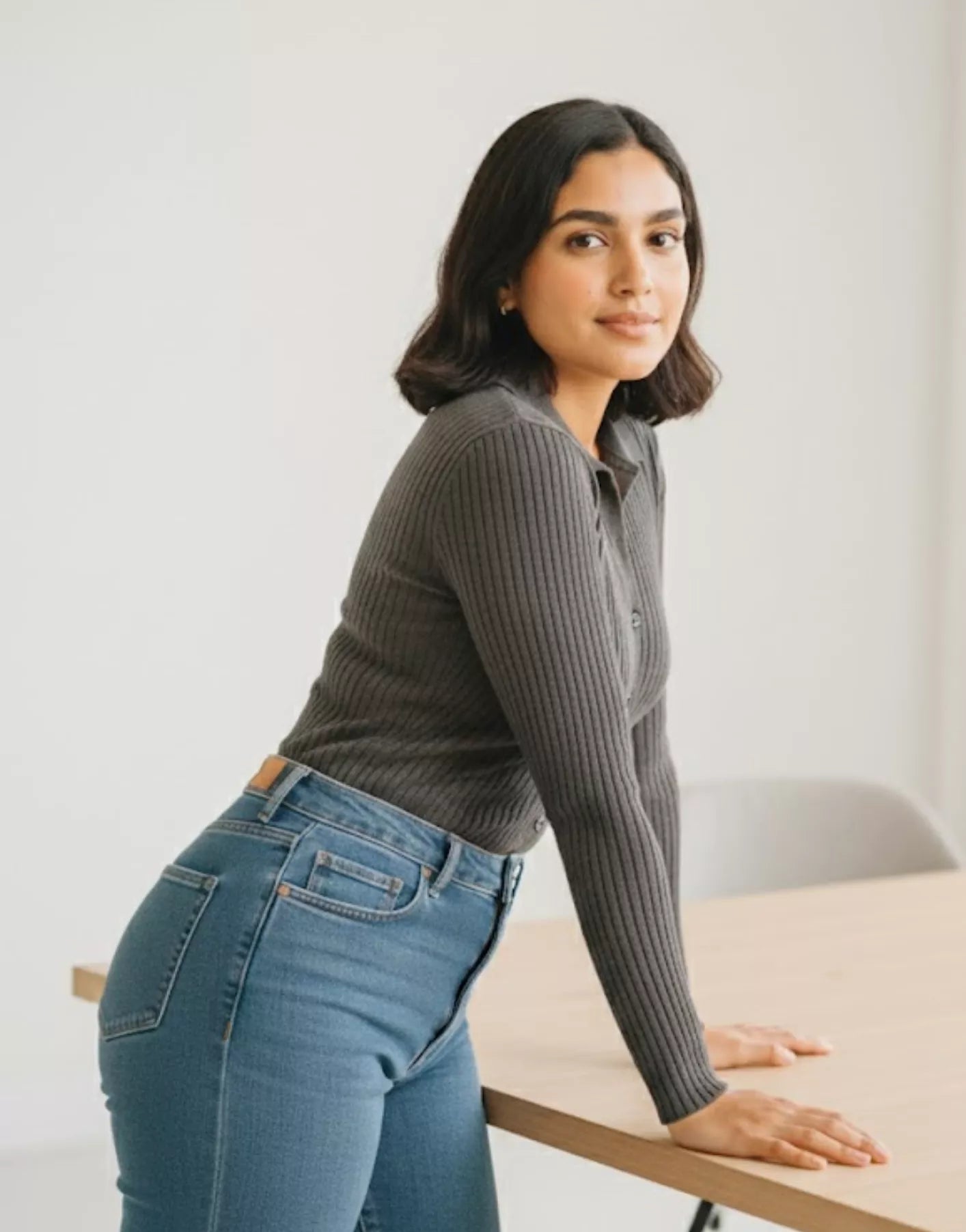 SGW Grey V Neck Knit Shirt Full Button - Full Sleeves