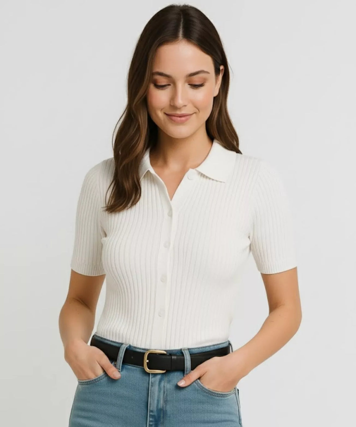 SGW Pure White Front Full Button Rib Knit Tee - Half Sleeves