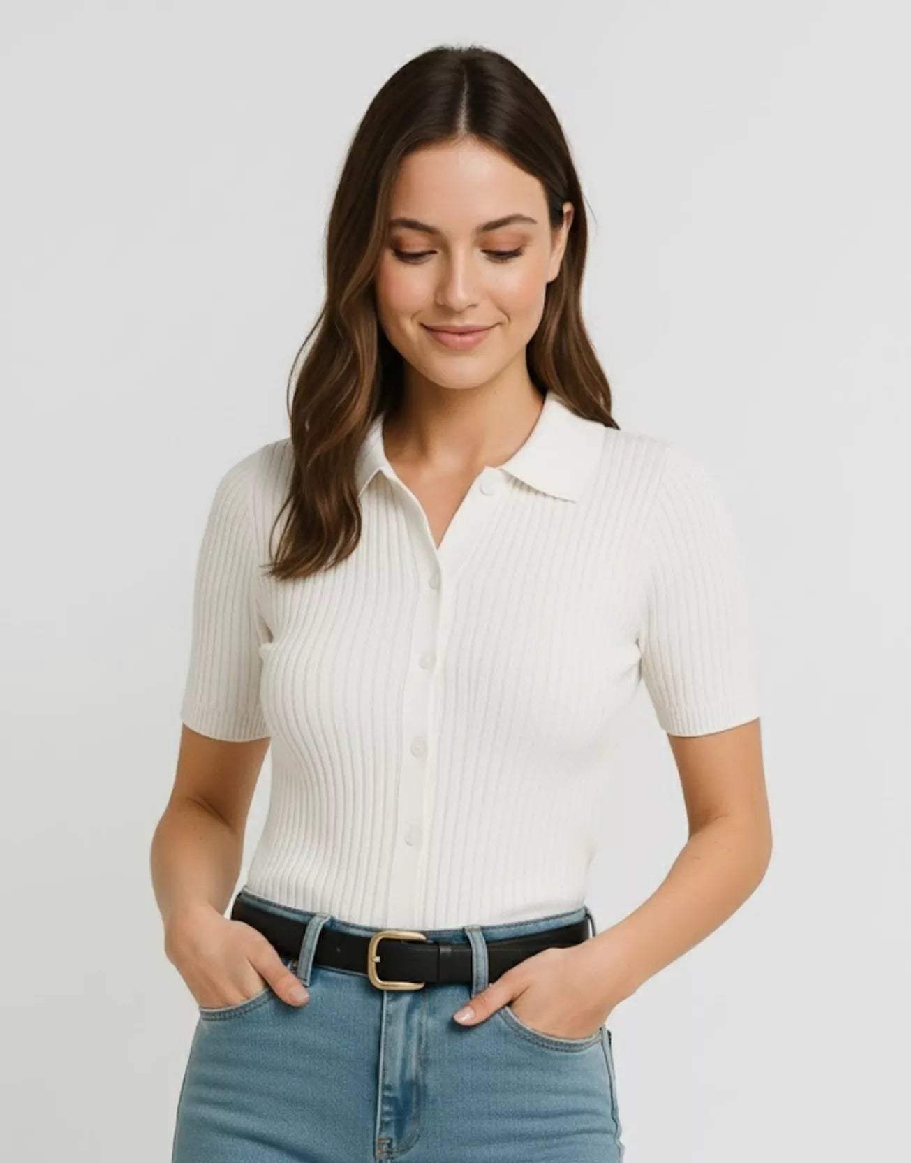 SGW Pure White Front Full Button Rib Knit Tee - Half Sleeves