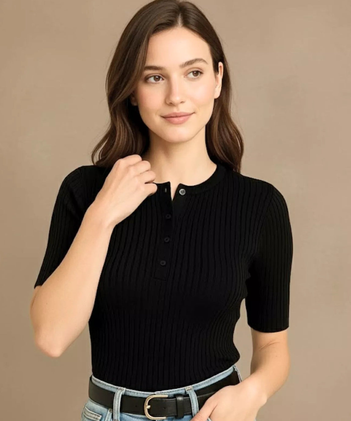SGW Black Round Neck Button-Front Top - Half Sleeves