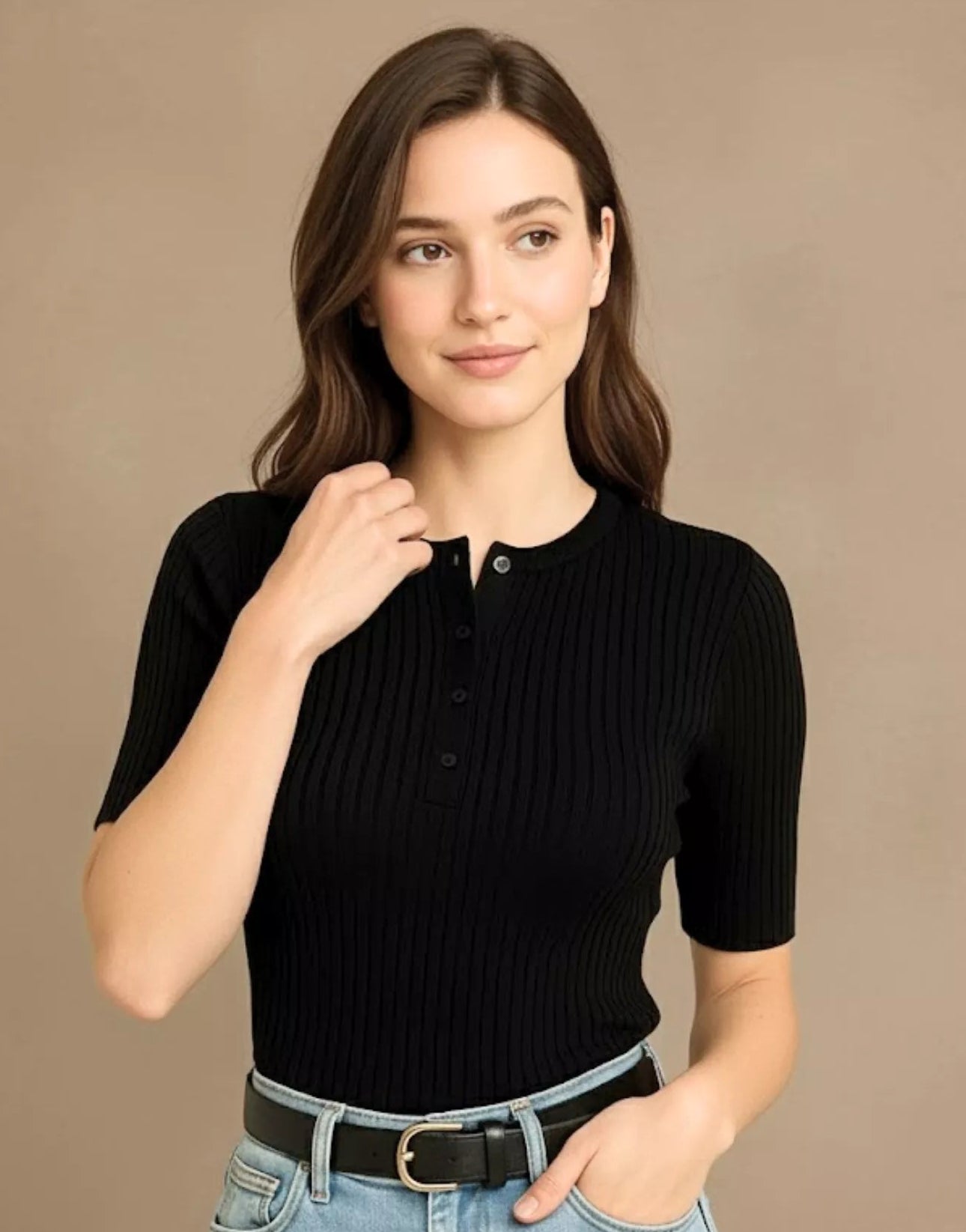 SGW Black Round Neck Button-Front Top - Half Sleeves