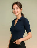SGW Navy Blue Ribbed Button Polo Tee - Half Sleeves