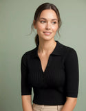 SGW Black Ribbed Button Polo Tee - Half Sleeves