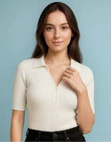 SGW White Ribbed Button Polo Tee - Half Sleeves