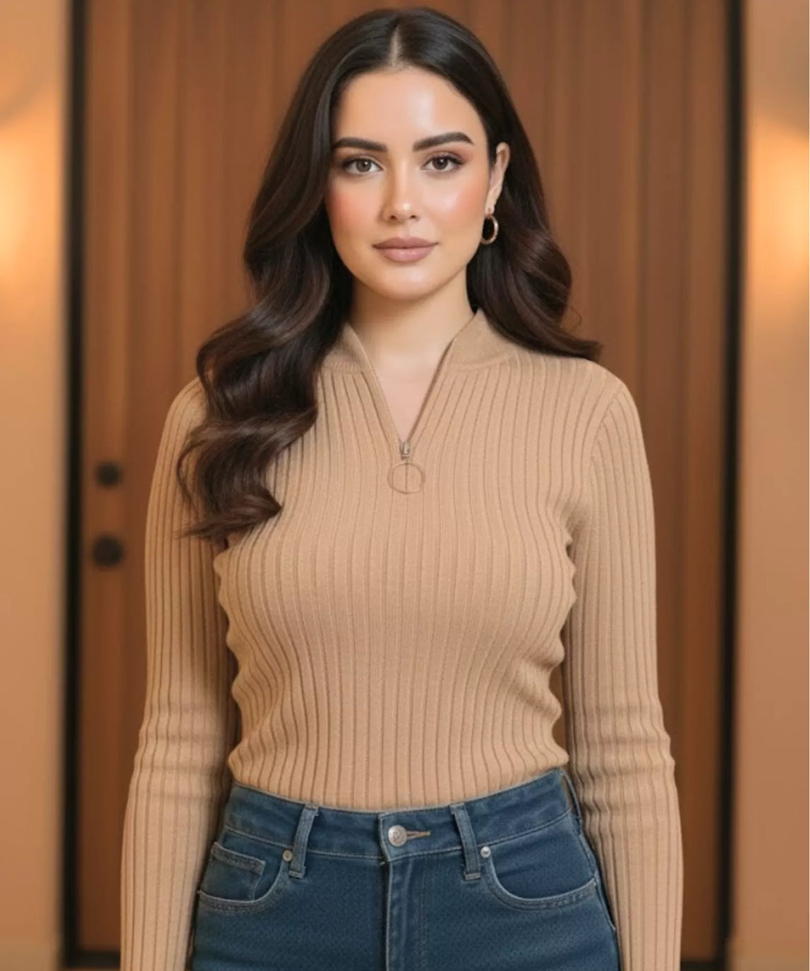 SGW Beige Mock Zip Knit Tee - Full Sleeves