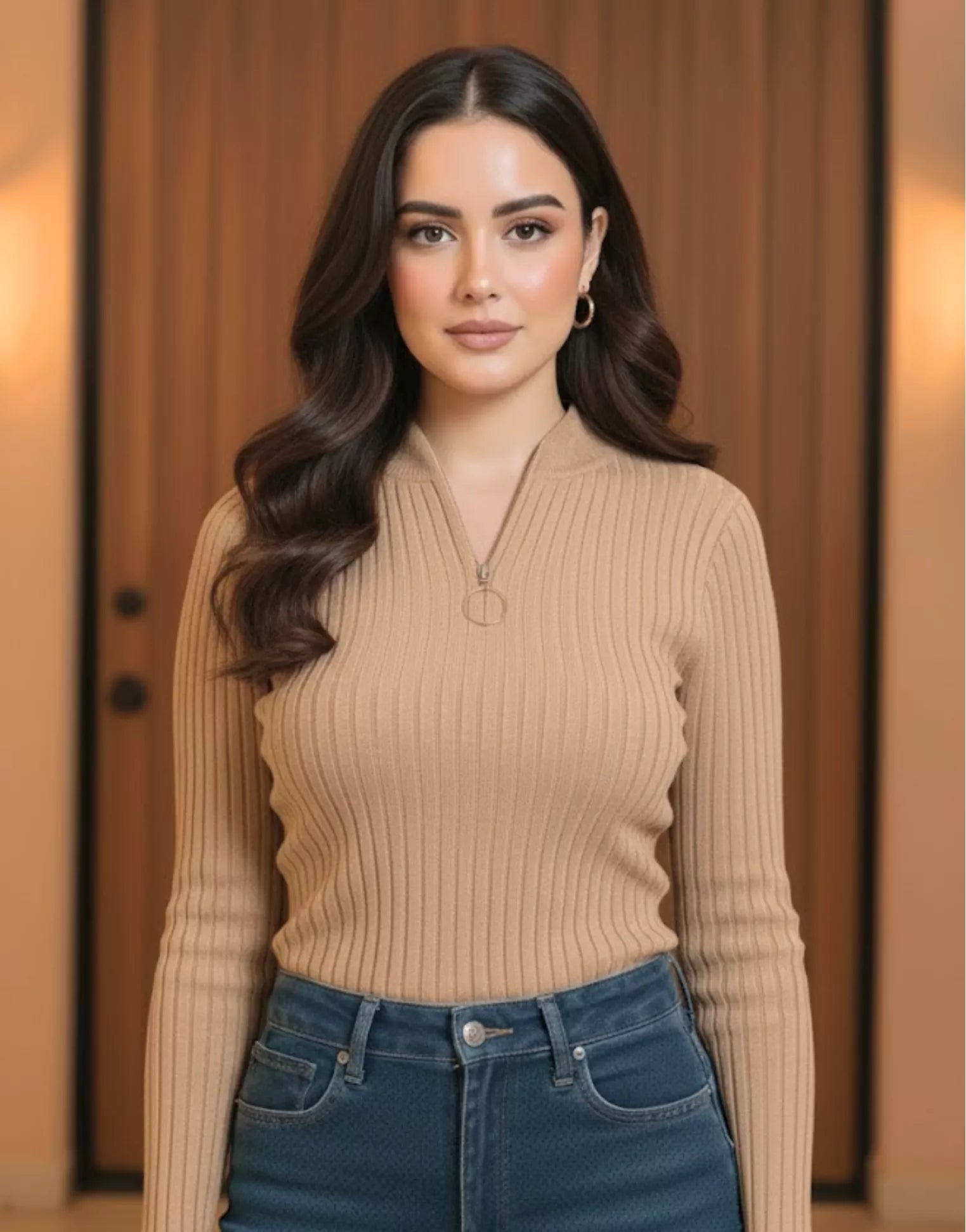 SGW Beige Mock Zip Knit Tee - Full Sleeves