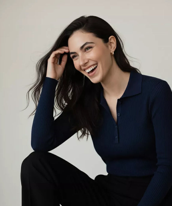 SGW Navy Blue V-Neck Knit Shirt Half Button - Full Sleeves