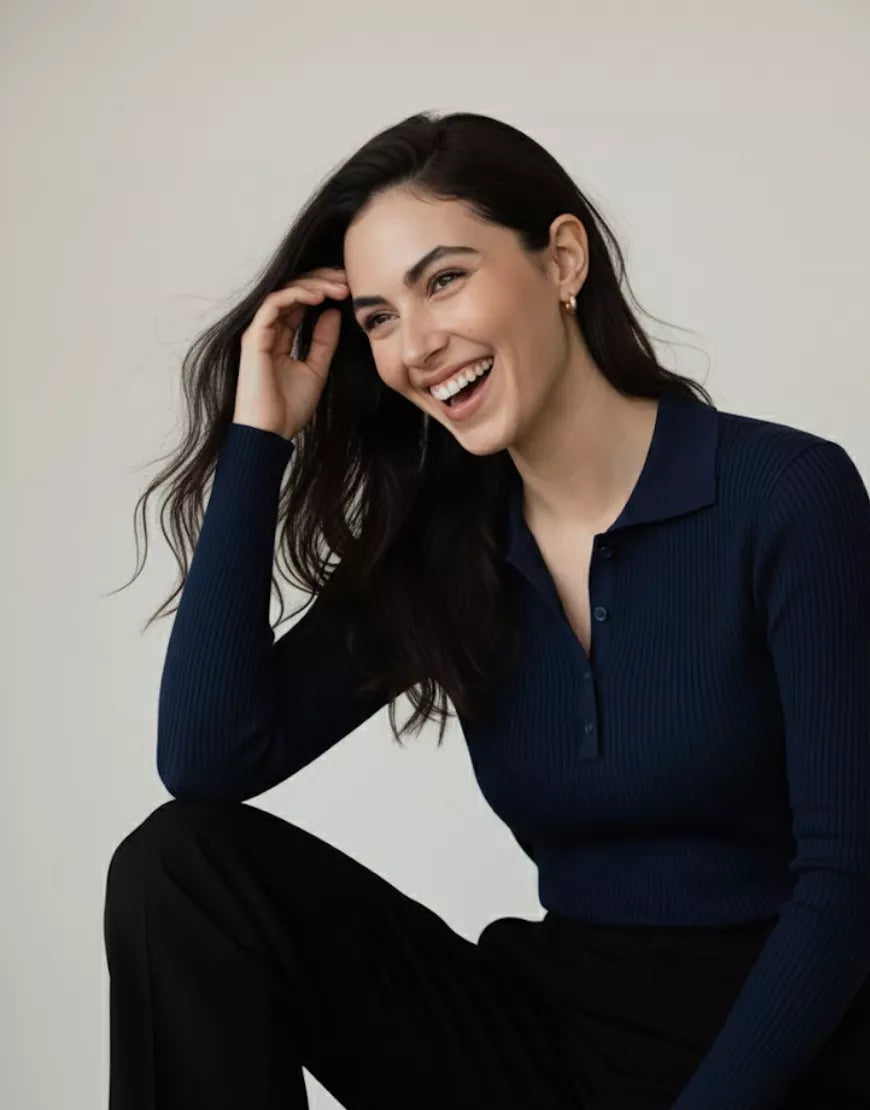 SGW Navy Blue V-Neck Knit Shirt Half Button - Full Sleeves