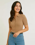 SGW Beige Front Full Button Rib Knit Tee - Half Sleeves