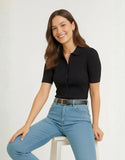 SGW Black Front Full Button Rib Knit Tee - Half Sleeves