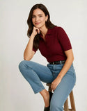SGW Maroon Front Full Button Rib Knit Tee - Half Sleeves