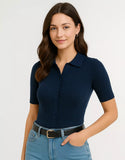 SGW Navy Blue Front Full Button Rib Knit Tee - Half Sleeves