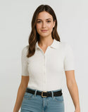 SGW Pure White Front Full Button Rib Knit Tee - Half Sleeves