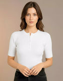 SGW White Round Neck Button-Front Top - Half Sleeves