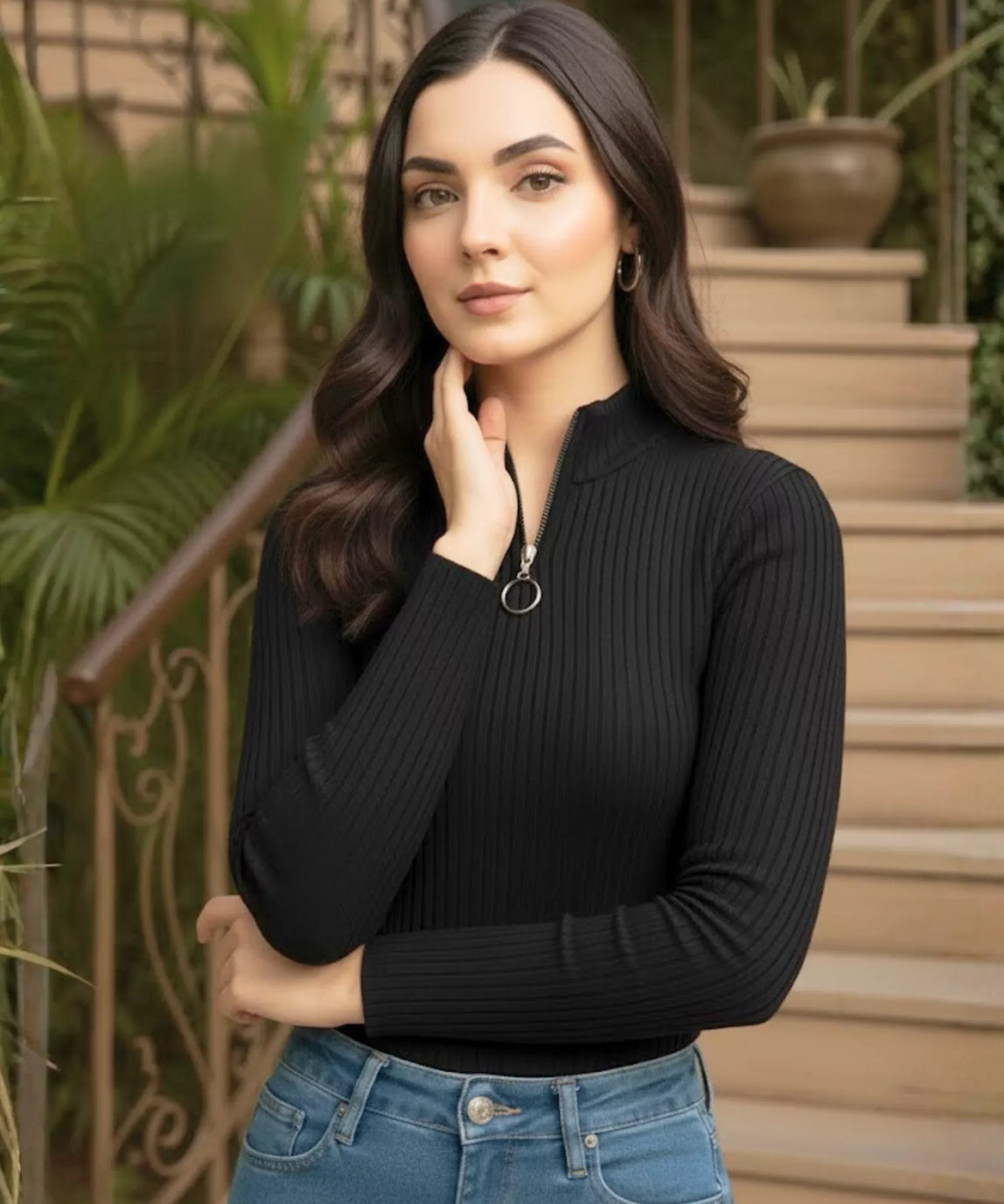 SGW Black Mock Zip Knit Tee - Full Sleeves