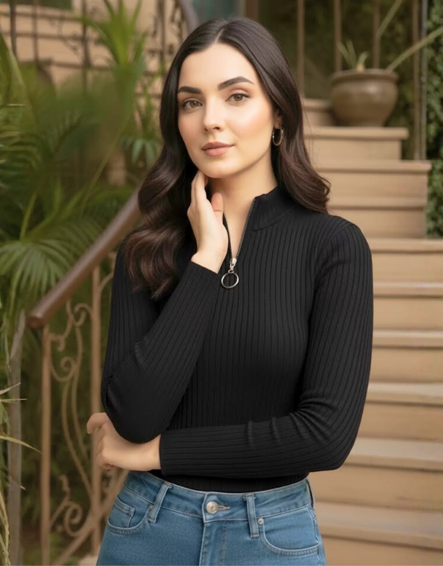 SGW Black Mock Zip Knit Tee - Full Sleeves