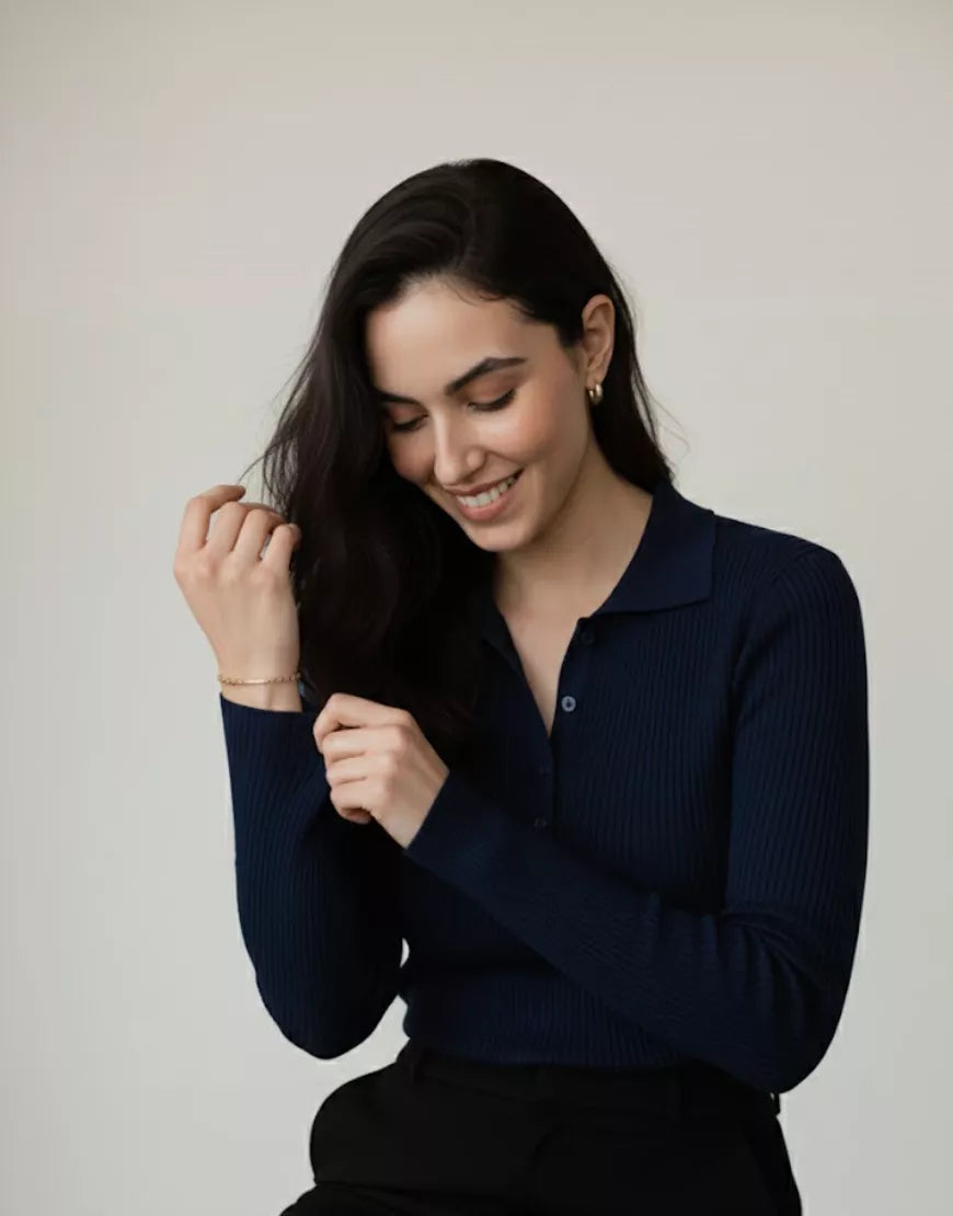 SGW Navy Blue V-Neck Knit Shirt Half Button - Full Sleeves