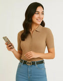 SGW Beige Front Full Button Rib Knit Tee - Half Sleeves