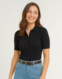 SGW Black Front Full Button Rib Knit Tee - Half Sleeves