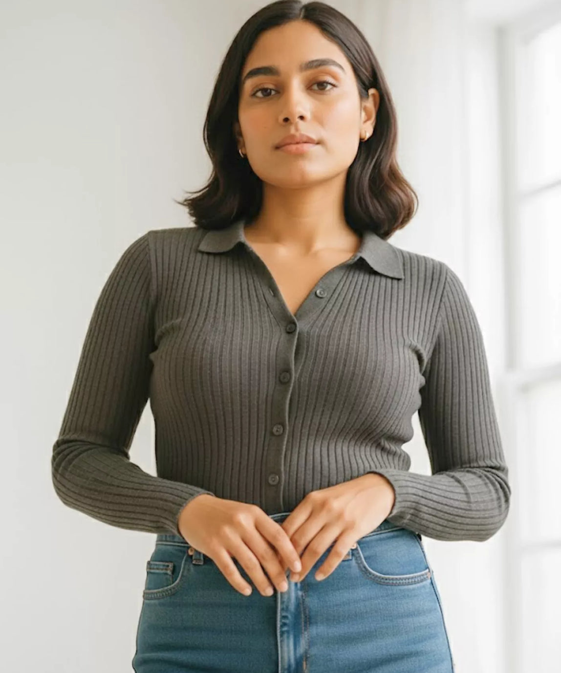 SGW Grey V Neck Knit Shirt Full Button - Full Sleeves