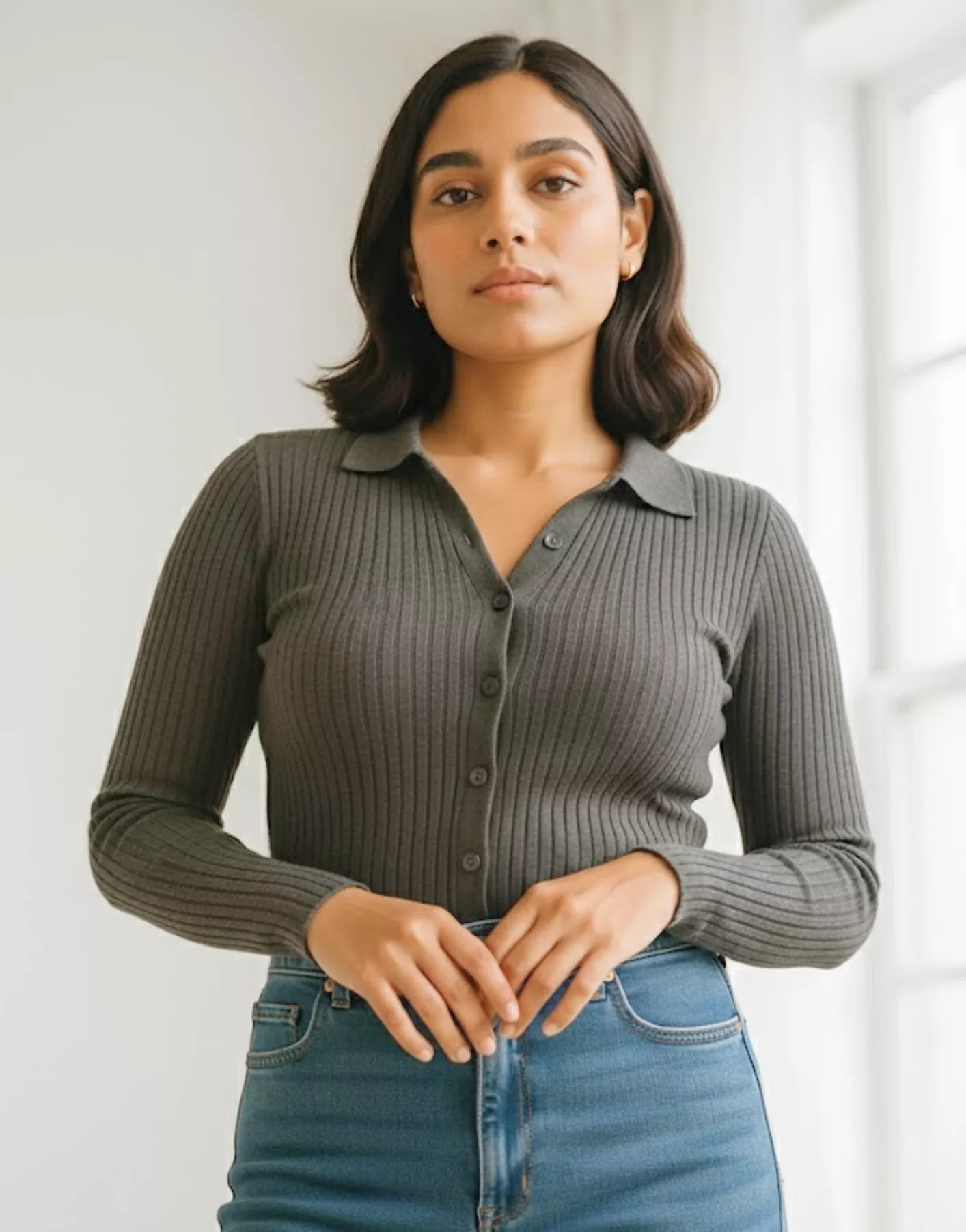 SGW Grey V Neck Knit Shirt Full Button - Full Sleeves