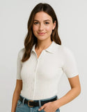 SGW Pure White Front Full Button Rib Knit Tee - Half Sleeves