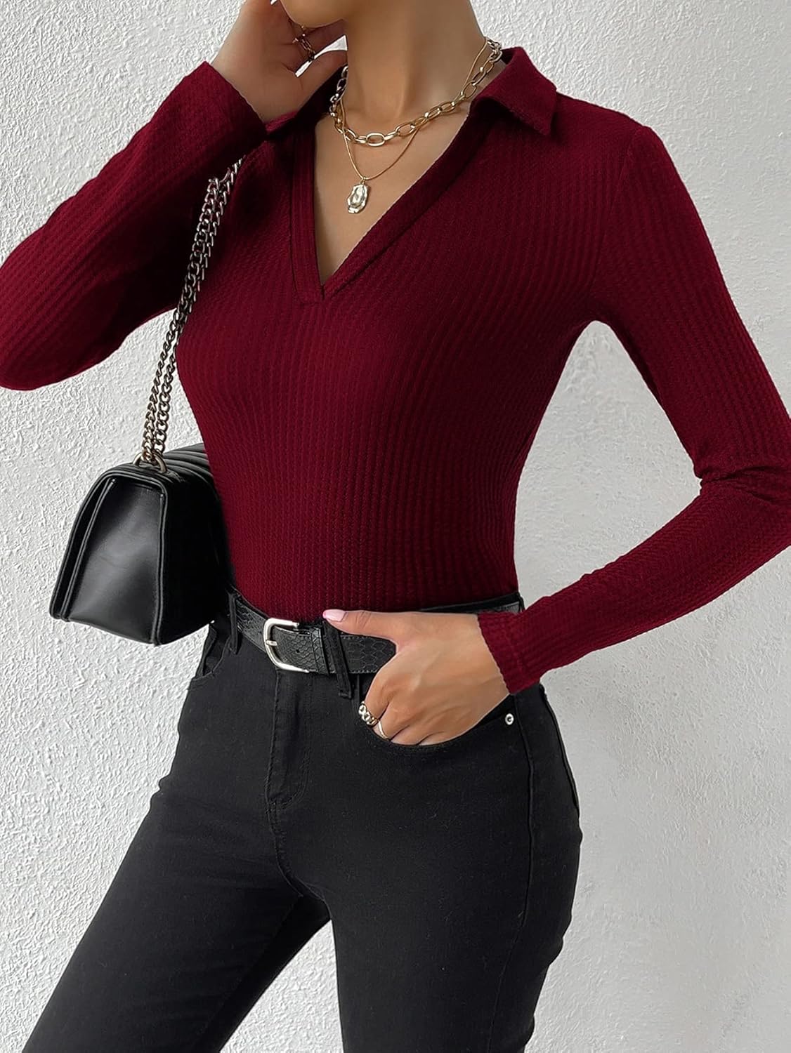 SGW Maroon Ribbed Knit Polo Neck Top - Full Sleeves - SelectGraceWear