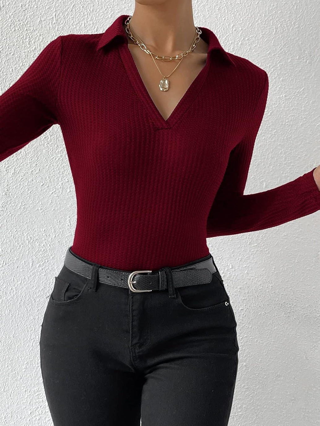 SGW Maroon Ribbed Knit Polo Neck Top - Full Sleeves - SelectGraceWear