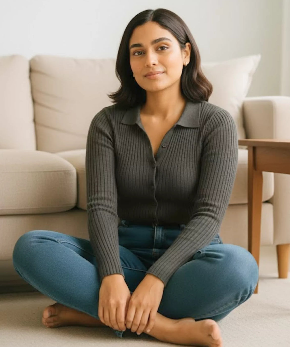 SGW Grey V Neck Knit Shirt Full Button - Full Sleeves