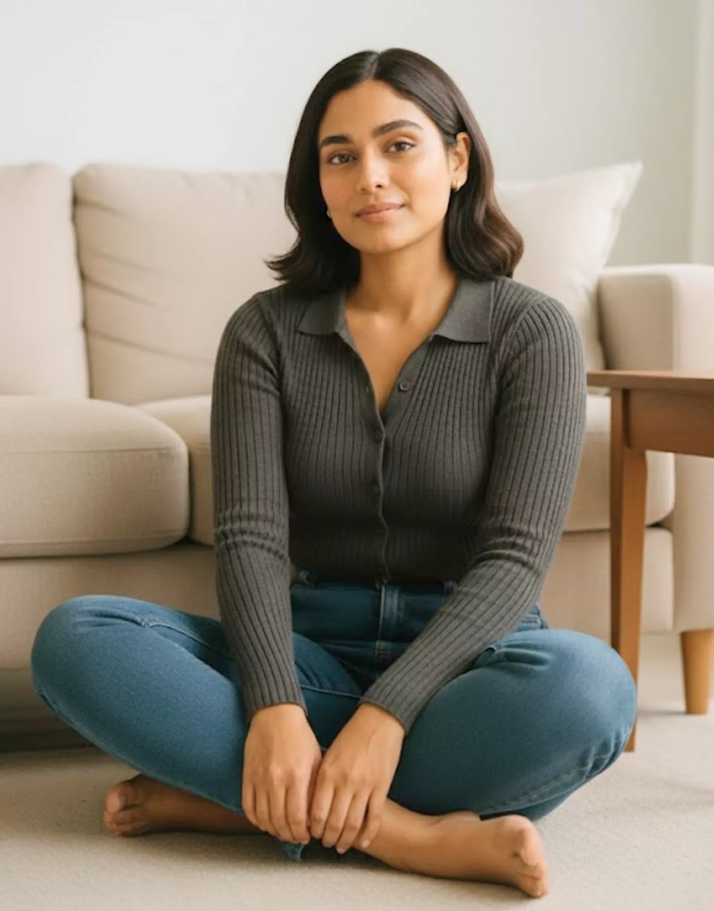 SGW Grey V Neck Knit Shirt Full Button - Full Sleeves