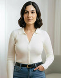 SGW White V-Neck Knit Shirt Full Button - Full Sleeves