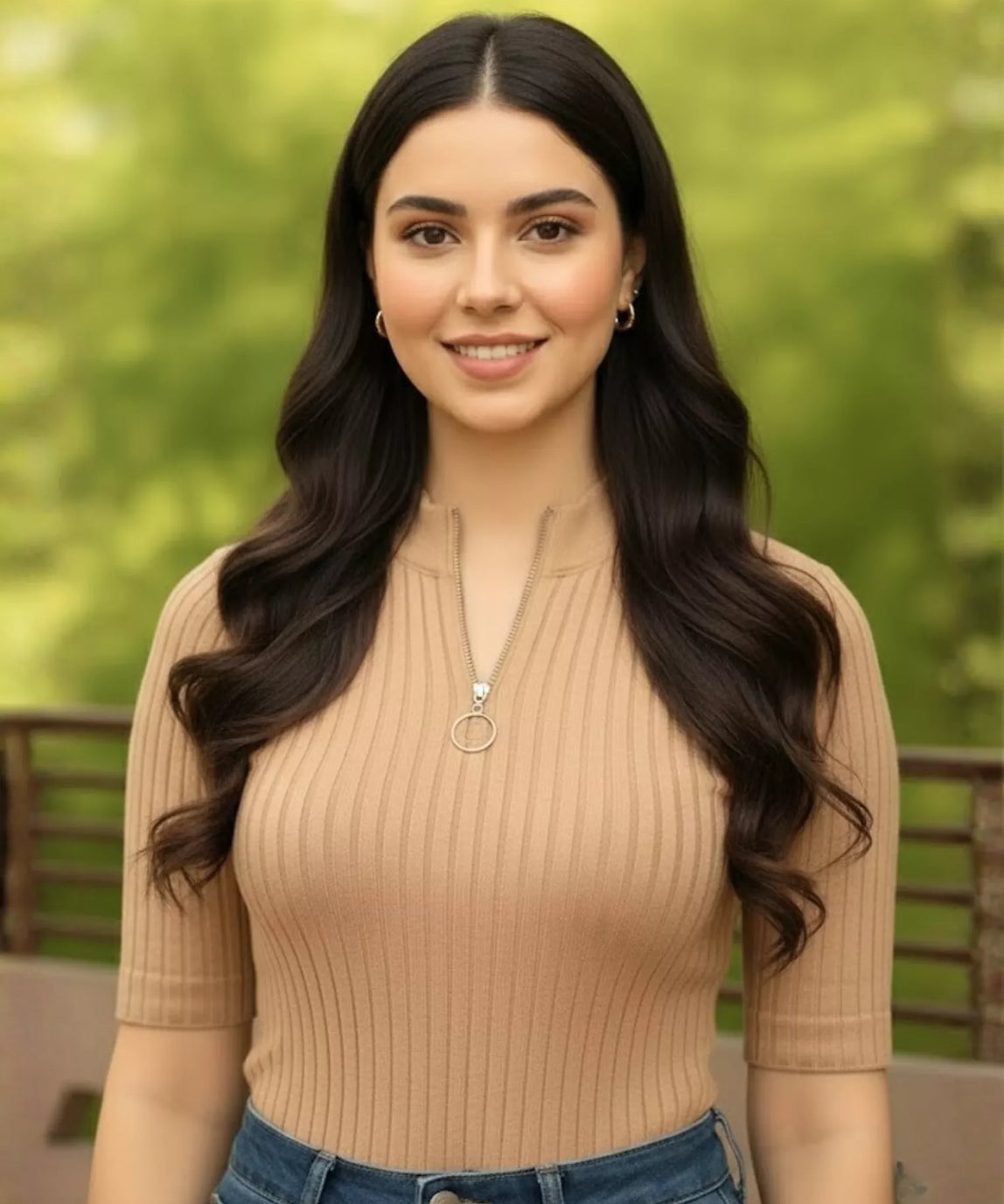 SGW Beige Mock Zip Knit Tee - Half Sleeves