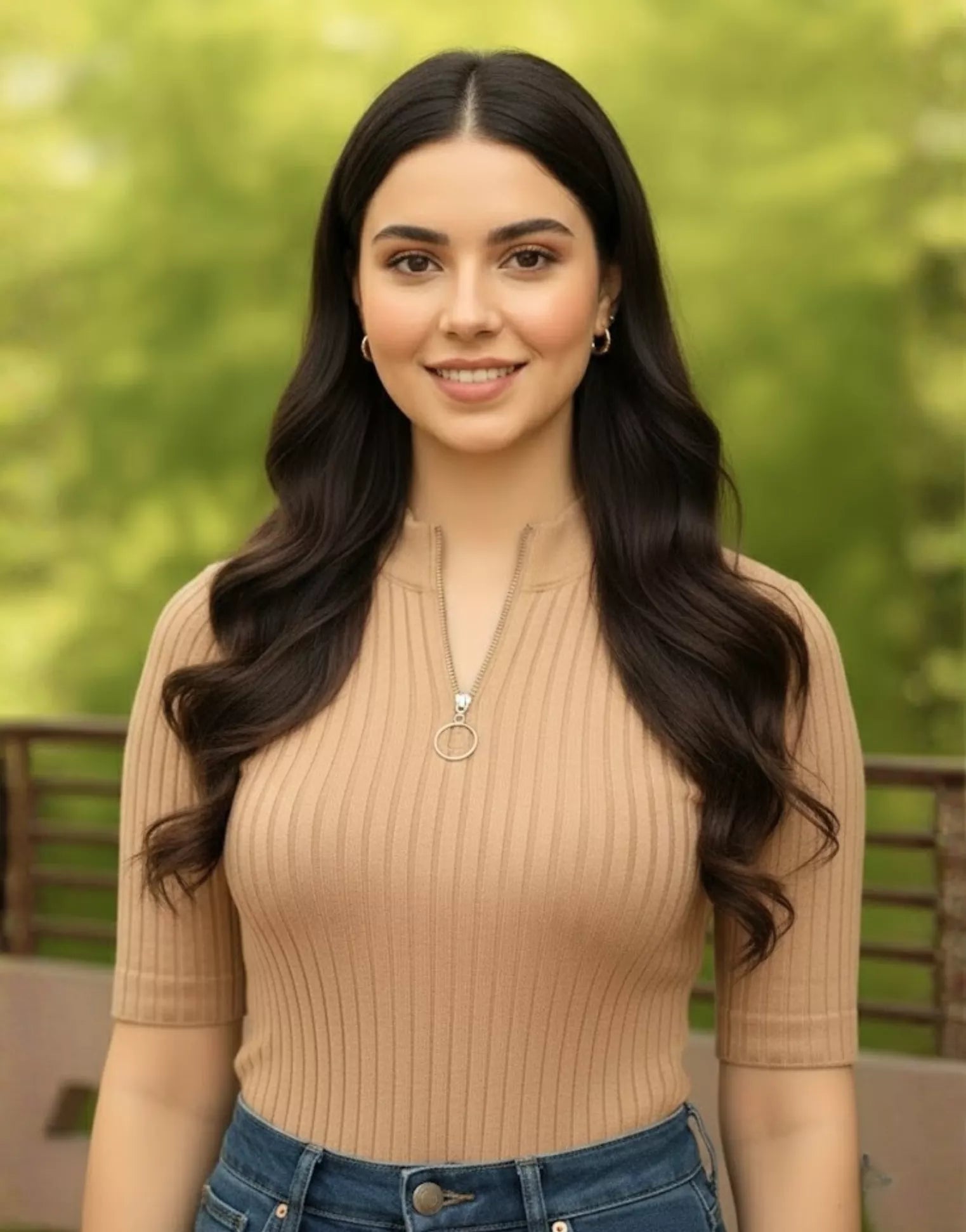 SGW Beige Mock Zip Knit Tee - Half Sleeves