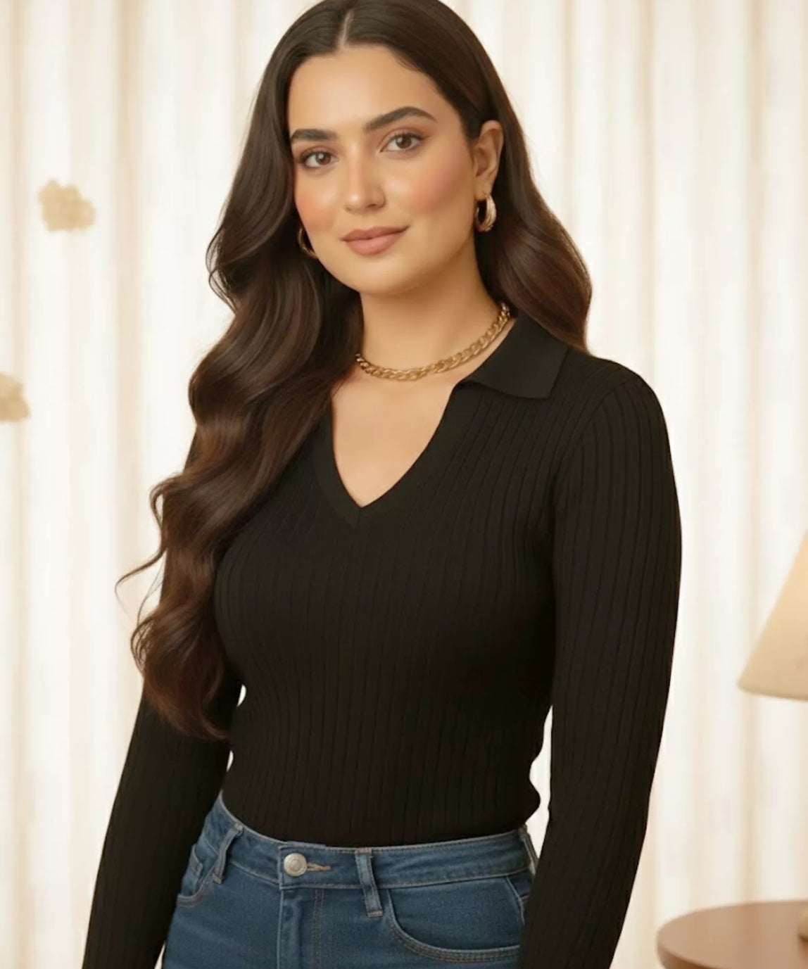 SWG Black Ribbed Knit Polo - Full Sleeves