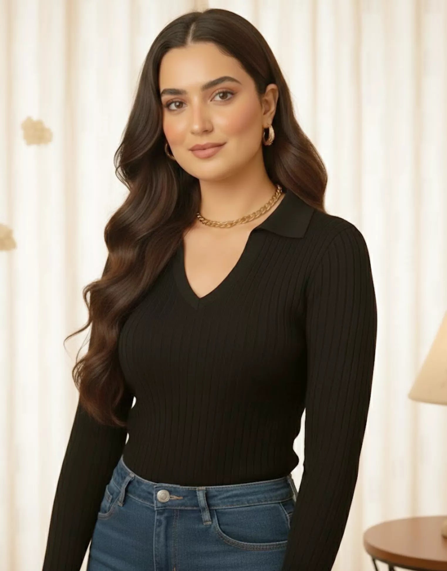 SWG Black Ribbed Knit Polo - Full Sleeves