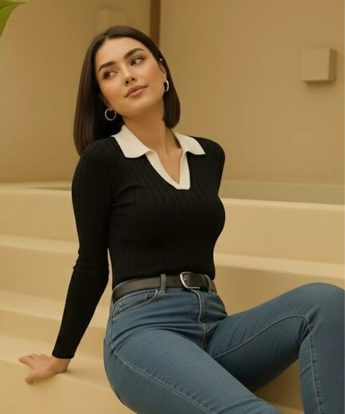 SGW - Black Ribbed Knit Polo - White Contrast Collar Full Sleeves