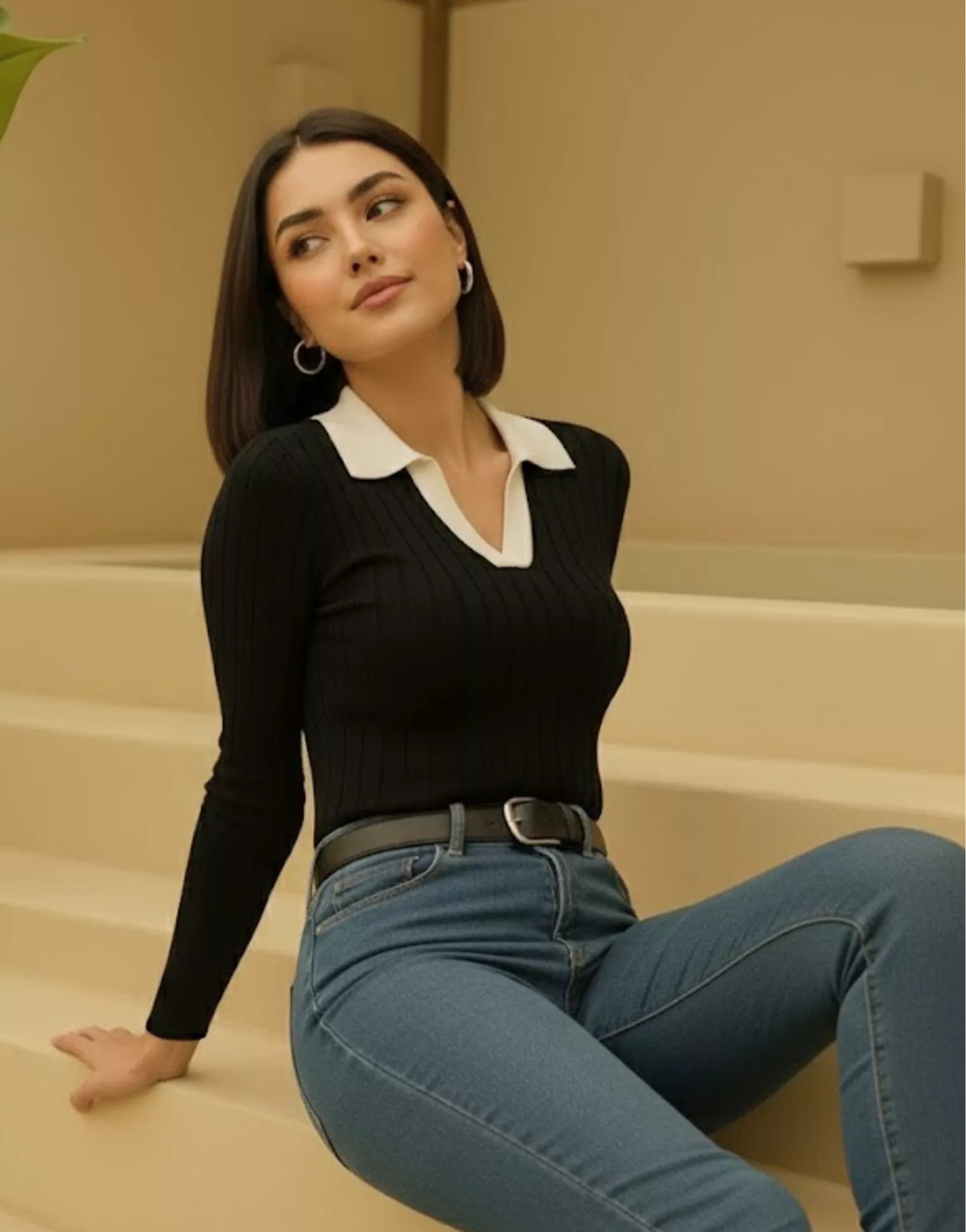 SGW - Black Ribbed Knit Polo - White Contrast Collar Full Sleeves