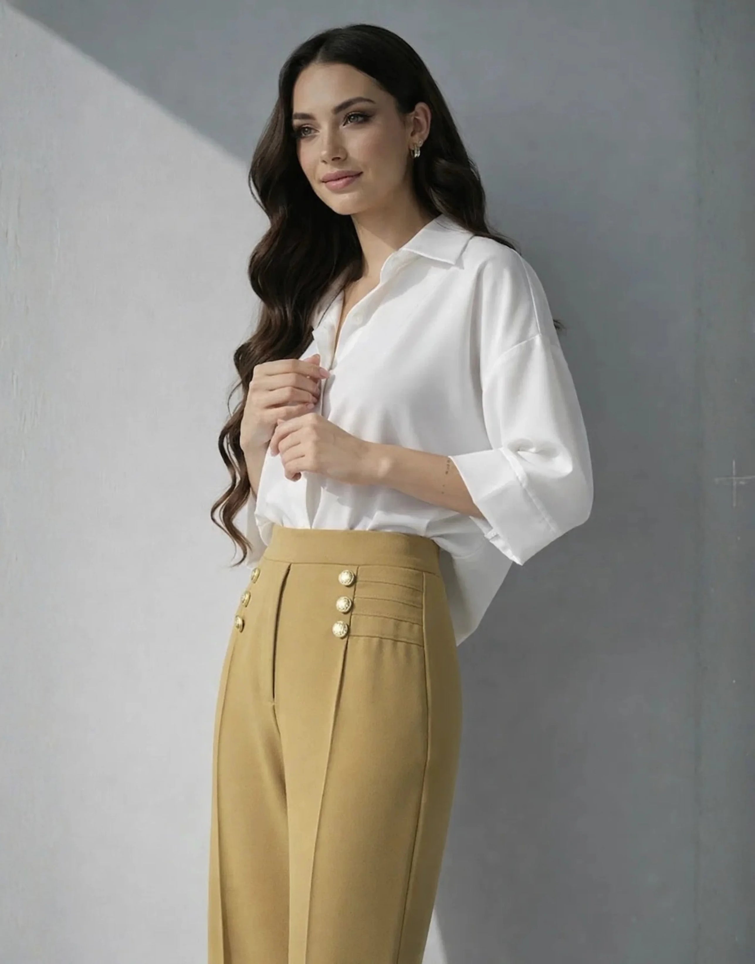 SGW Beige High-Rise Long Trousers with Metallic Buttons - SelectGraceWear