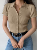 SGW Beige Front Full Button Rib Knit Tee - Half Sleeves