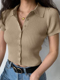 SGW Beige Front Full Button Rib Knit Tee - Half Sleeves