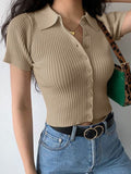 SGW Beige Front Full Button Rib Knit Tee - Half Sleeves