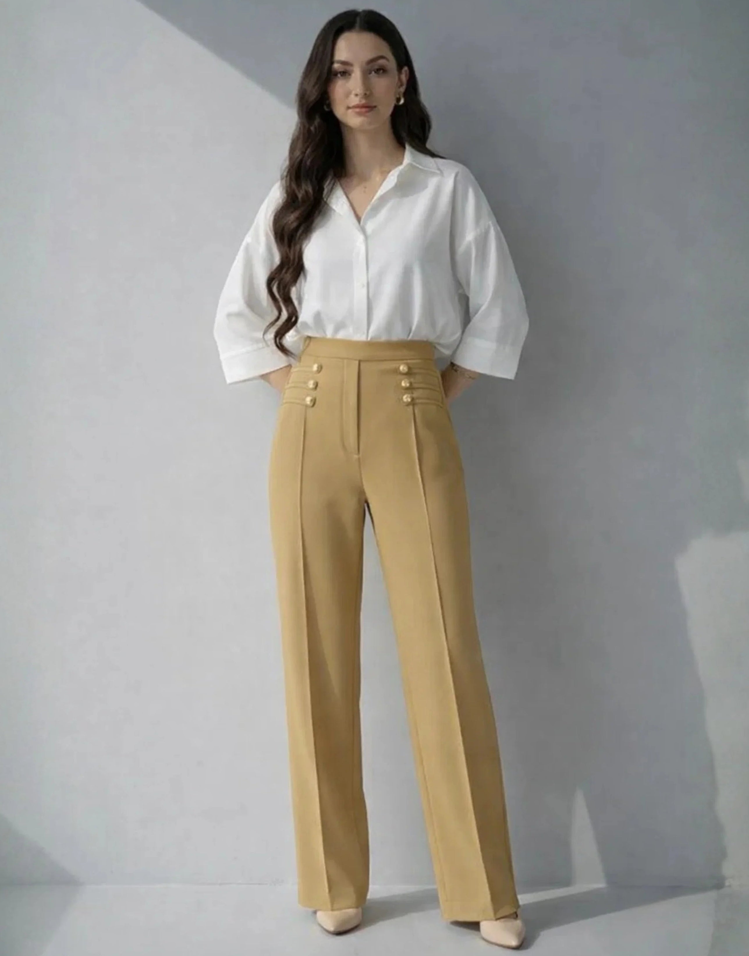 SGW Beige High-Rise Long Trousers with Metallic Buttons - SelectGraceWear