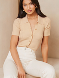 SGW Beige Front Full Button Rib Knit Tee - Half Sleeves